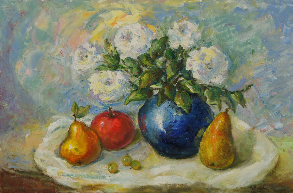 "Granatowy wazon i owoce", Larisa Koneva, 326